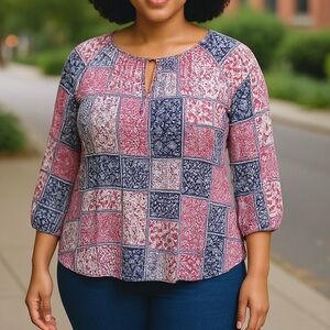 FRED DAVID floral patchwork hobo lightweight top women’s large Cottagecore